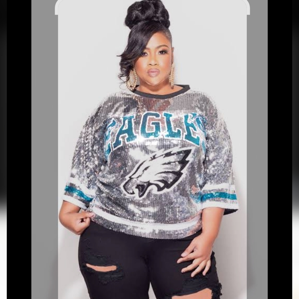 Silver Sequin Phily Eagles Jersey Fits Up To A Large